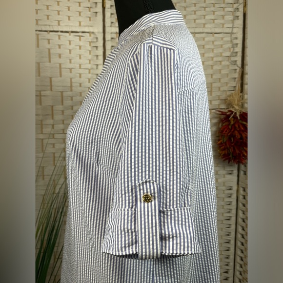 EUC Anne Klein SeerSucker Shirtdress w/Cuff Sleeves & Zipper Front- Sz 8 - Picture 4 of 7